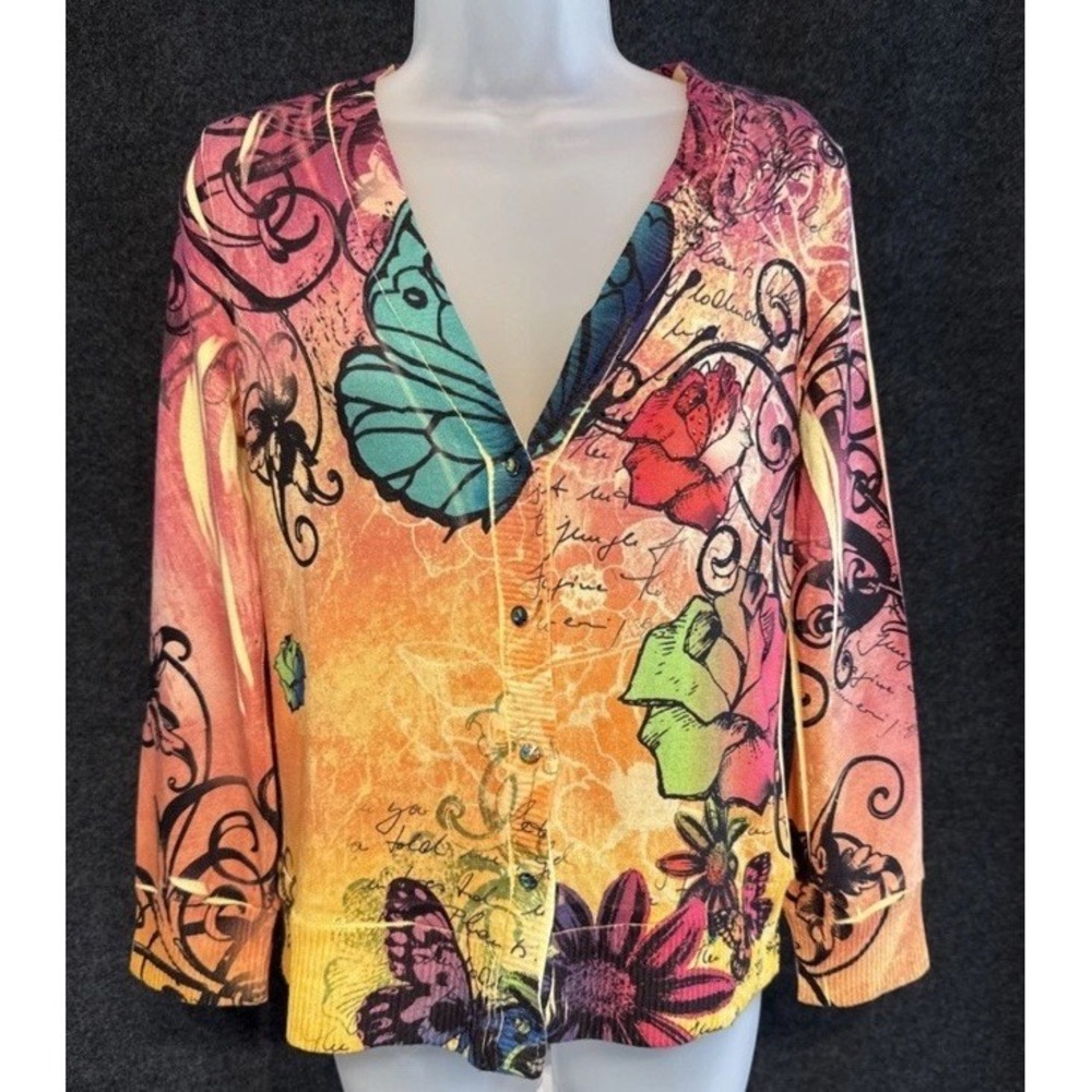 NY Collection Sz S V Neck LS Cardigan Sweater Multi Color With Tasteful Rhine